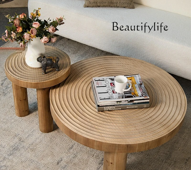 

Log small coffee table living room sofa front bed and breakfast round solid wood low table Nordic bedside table combination