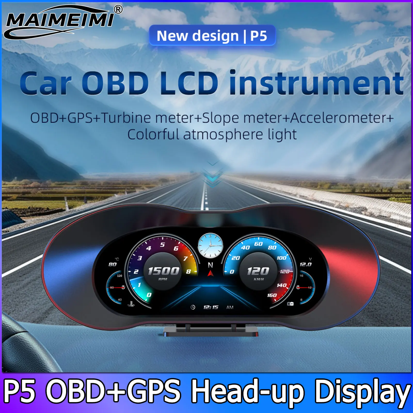 Car P5 OBD2 GPS LCD HUD Speedometer Head Up Display Slope Meter on Board Computer Digital With Speed RPM Overspeed Alarm