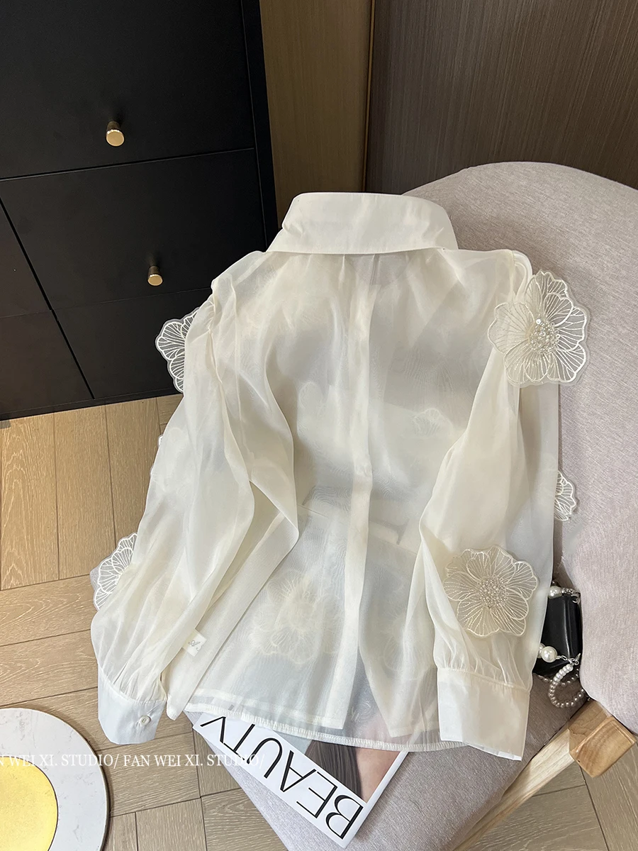 Spring Summer Long Sleeve Sequins Petals Applique White Beige Mesh Shirts and Blouses For Women Sexy See- through Tops
