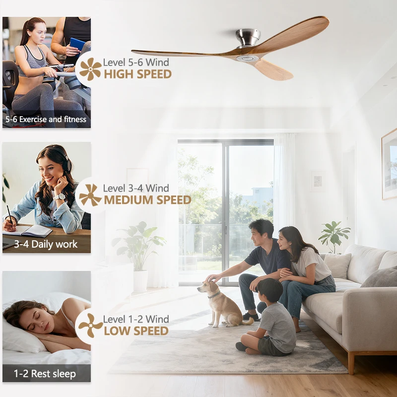 42/52/60 Inch Low Floor Ceiling Fan 3 Wooden Blade DC Motor Electric Fan with Remote Control for Living Room Dining Room Bedroom image 2