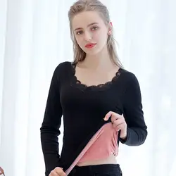 New Lace bottoming shirt for women Winter Women's Thermal Underwear Plus Velvet V&O-Neck Basic Thermos Long-sleeved Tops Female