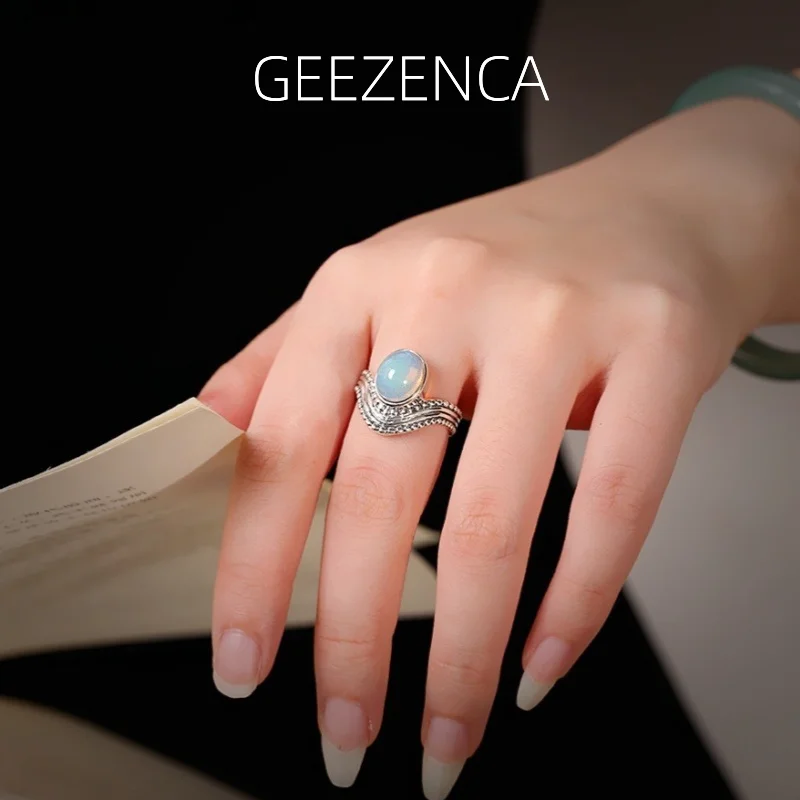 

GEEZENCA овальный опал камень стерлингового серебра 925 пробы регулируемые кольца женские резные массивные модные открытые коктейльные кольца подарок на вечеринку