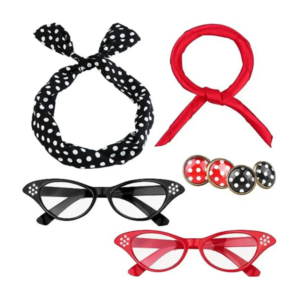 50s Disco Cosplay Costume Accessories Cat Eye Glasses Polka Dot Bandana Tie Headband Earrings Halloween Carnival Party Role Play