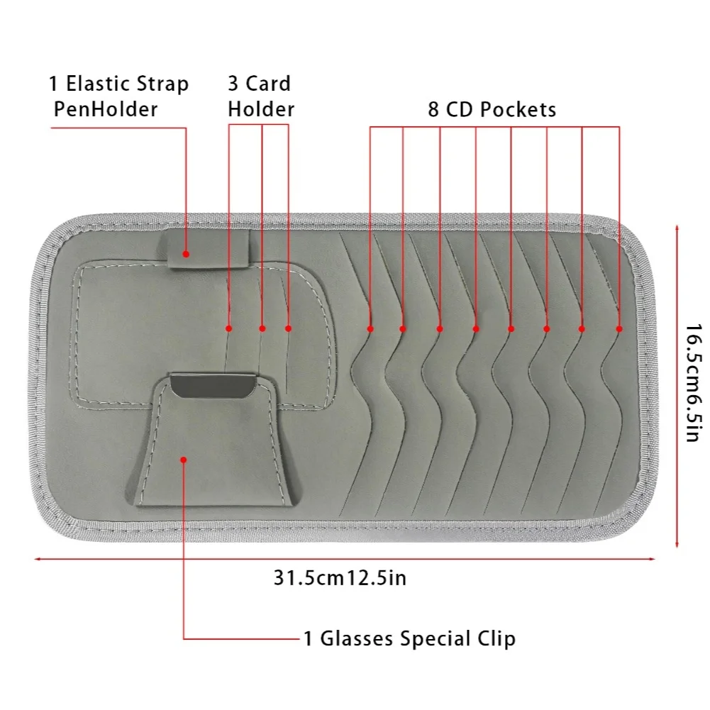 Leather car CD holders and visor clips combined with a CD storage bag to organize CDs on sun visors in a wide range of vehicles