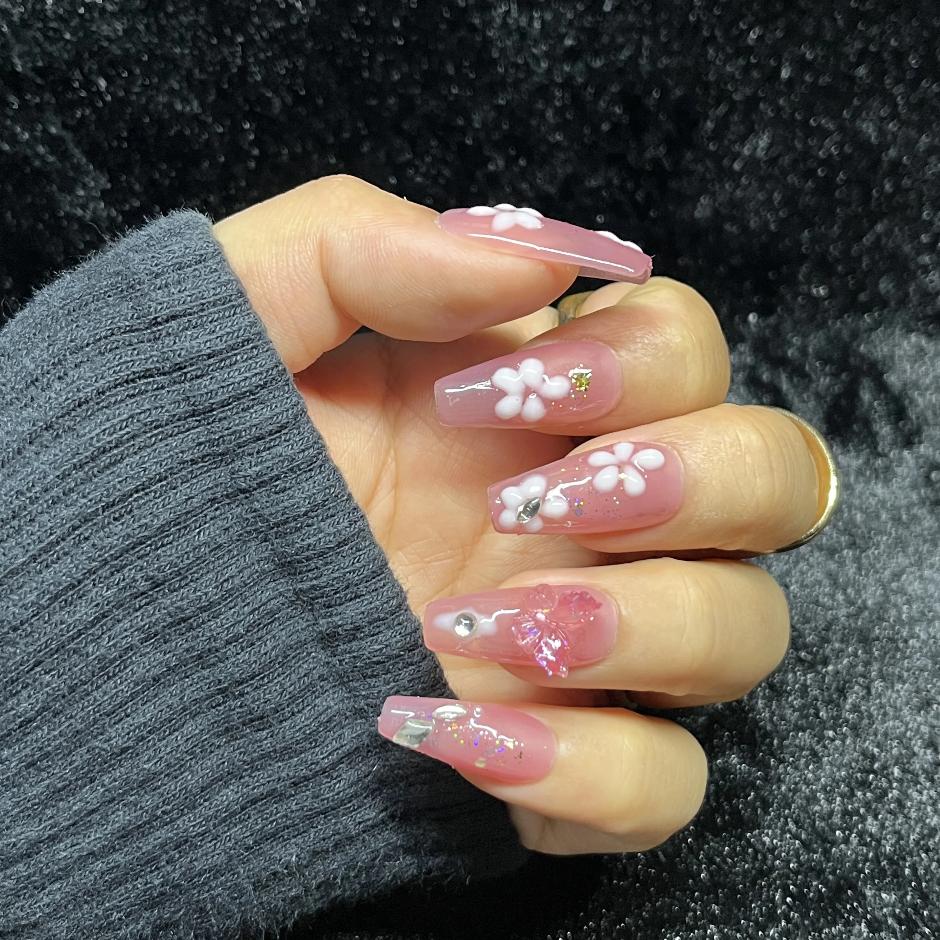 

10PCS Y2K Gothic Rose Press on Nails Long Coffin Black Silver Holographic Glitter with 3D Charms Sweet Edge Handmade False Nails