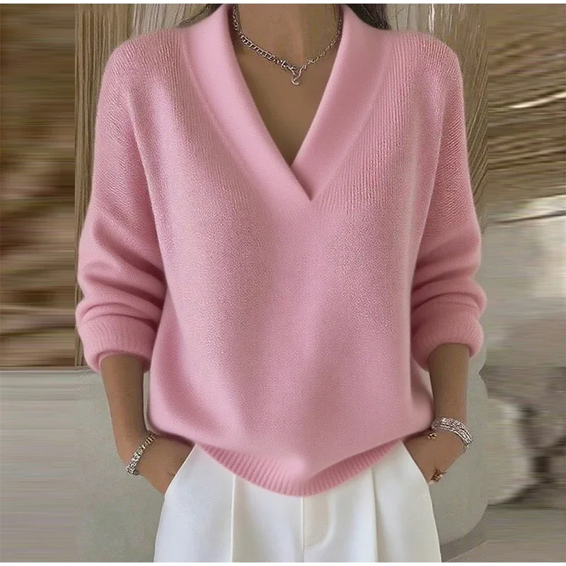 Damen-Strickwaren, V-Ausschnitt, langärmelig, Strickpullover, Herbst, einfarbig, locker geschnitten, Basic, vielseitig kombinierbar, Frühling, neue Streetwear-Kollektion. – Detail 4