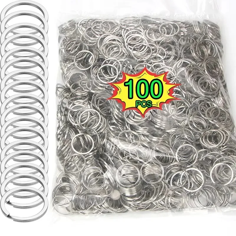 LLavero de plata de 100 piezas de acero inoxidable, llaveros redondos de 25mm, redondos, planos, divididos, de Metal pulido, círculo en blanco, accesorios de bricolaje