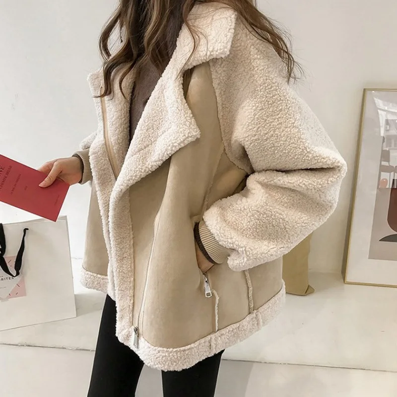 Winter Faux Sheep Wool Coat Women Warm Thick Long Sleeve Zipper Pocket Jacket Fashion Leather Motorcycle Jacket