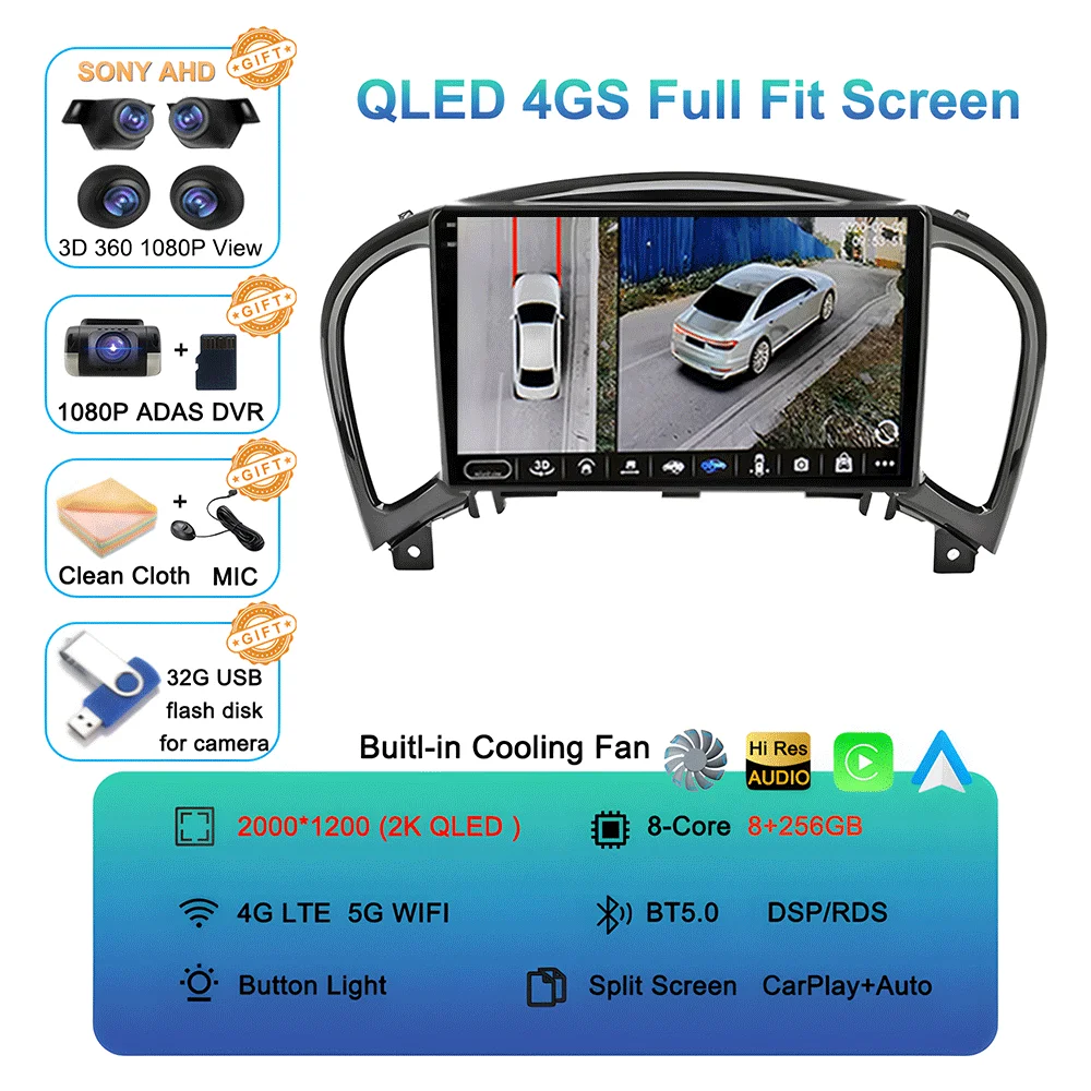 Android 16 videospeler Carplay Auto voor Nissan Juke YF15 2010 - 2014 Multimedia autoradio WiFi+4G DSP 2 DIN touchscreen