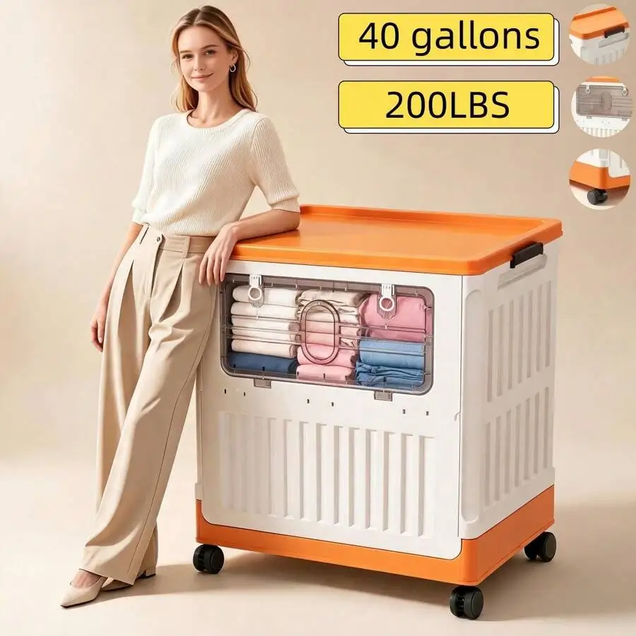 Extra-Large Mobile Collapsible Storage Bin/Lidded Storage Bins (40/20 Gallon) With 4 Lockable Swivel Wheels; Ideal For Storing C