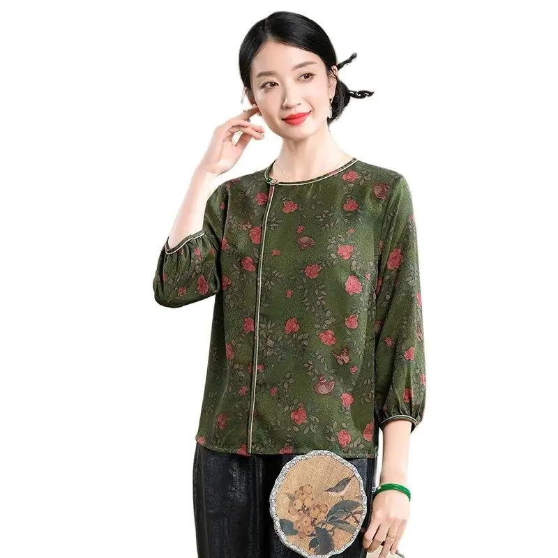 Blusa regada floral birdtree para mulheres, camisas de seda 100% reais, manga 3/4, blusas florais grandes para a mãe, tops chineses de verão, T44464QM, 2024