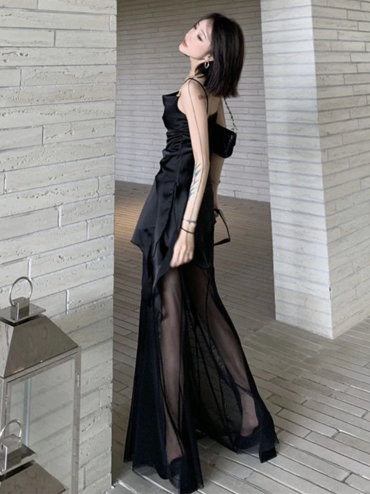 2000s Vintage Black Y2k Clothing 2 Piece Set Women Casual Sexy Crop Top + Elegant Mesh Pants 2024 Summer Korean Fashion Suits