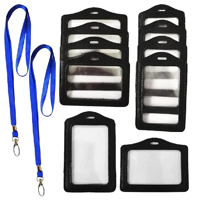 10 Pcs Black Badge Holders with 2 Pcs Lanyard Strap, PU Leather Vertical Horizontal Name Tag ID Card Holder with Clear Window