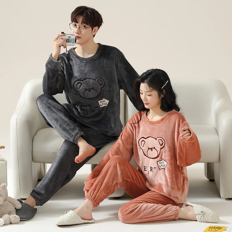 Winter Couple Pajamas Set Women and Men Flannel Long Sleeve Home Suit Sleepwear Thicken Pyjamas Sets Cute Cartoon Sleepwear