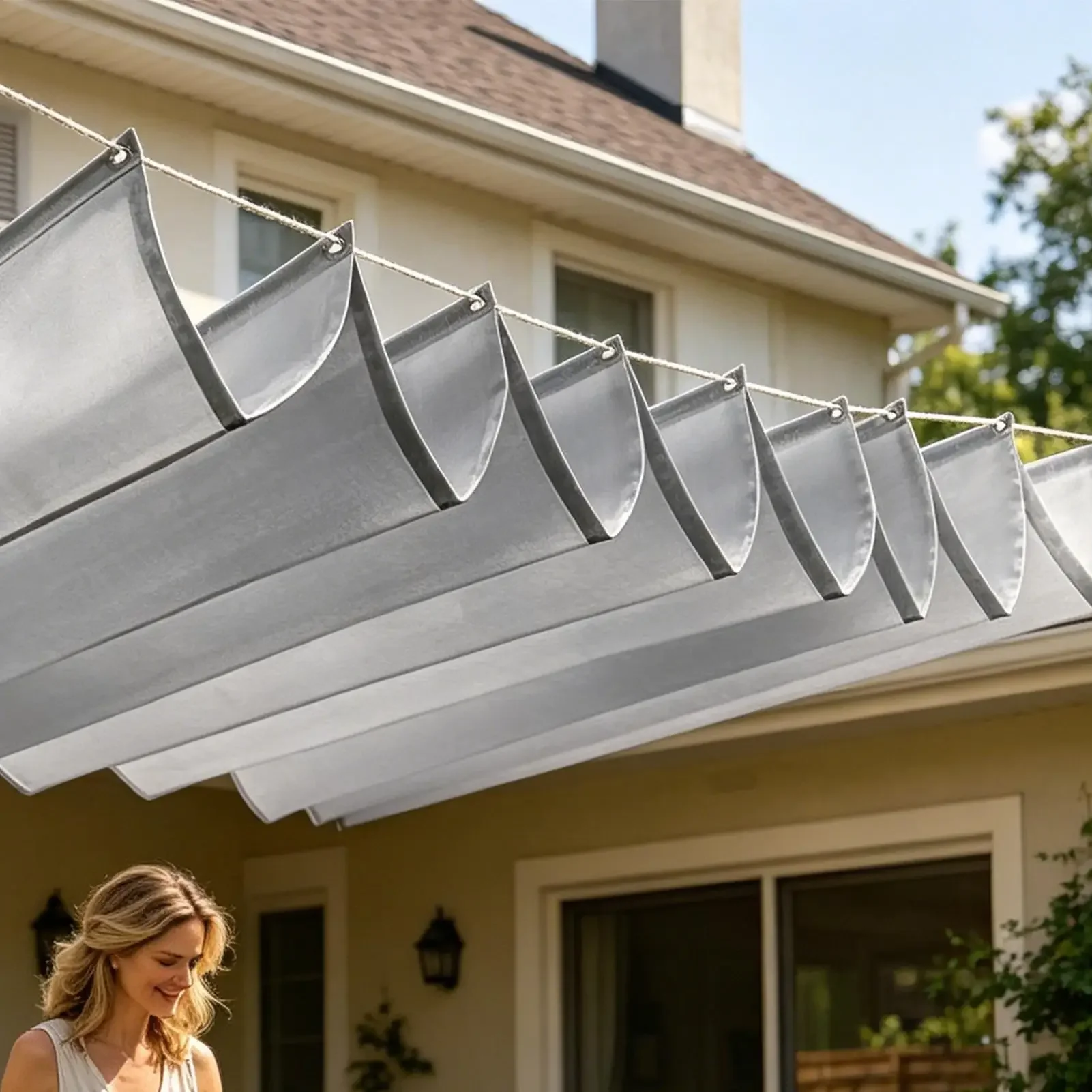 Sonnensegel, strapazierfähig, wasserdicht, einziehbar, sonnenbeständig, mit Wellendesign, für Terrasse, Strand, Veranda, Deck