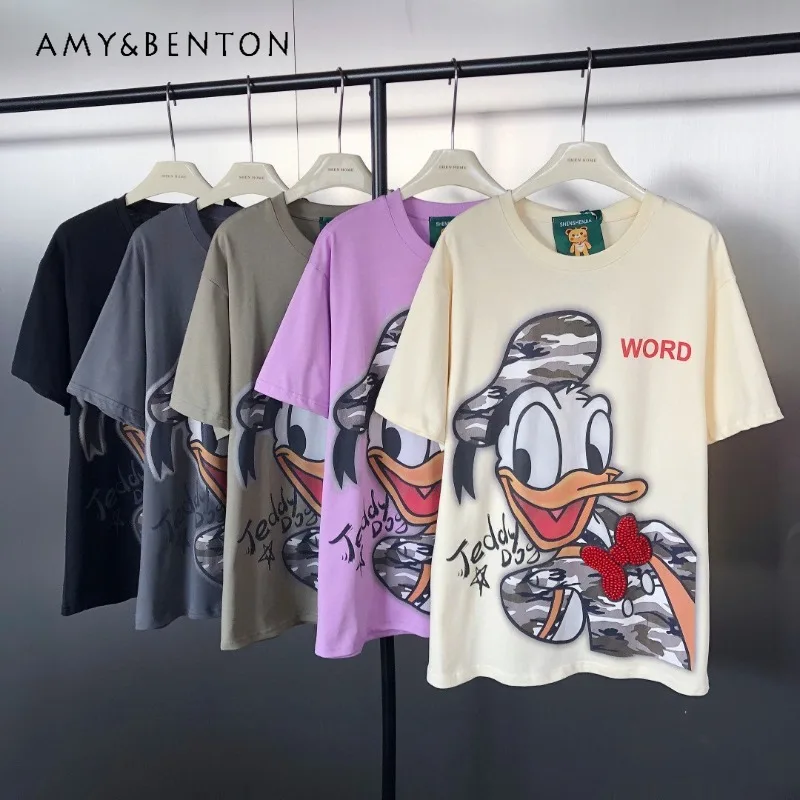 

Повседневные футболки в американском стиле High Street, модные свободные футболки средней длины с короткими рукавами и мультяшным принтом для тяжелой промышленности, пуловер