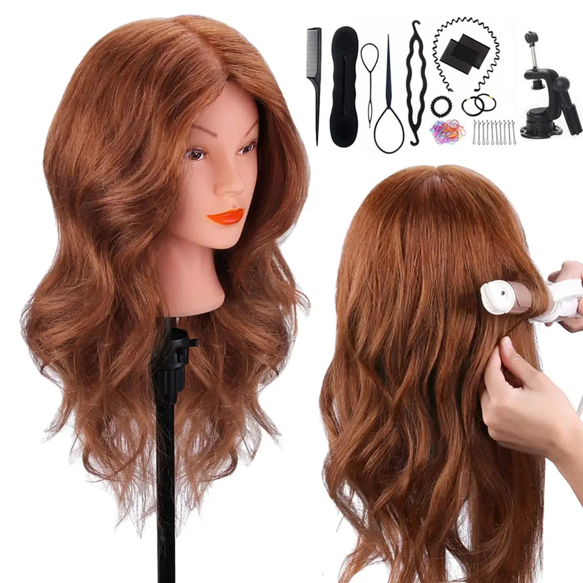 100%Real Hair Doll Head For Curling Straightening Dyeing Braiding Hairdressing Dark Brown Mannequin Head Training Head Kit