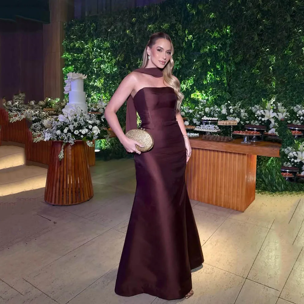 Msikoods Brown Evening Dresses Satin Strapless Elegant Party Dress Simple Mermaid Formal Dress Wedding Guest Gown Customizd
