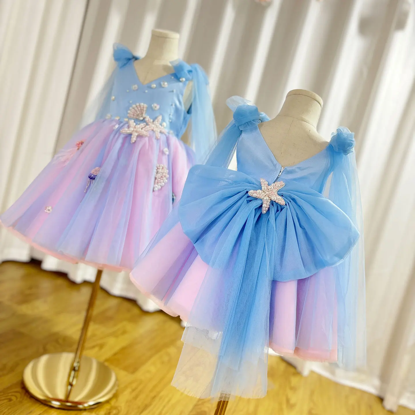 Jill Wish Luxury Sky Blue Baby Flower Girl Dresses Beaded Arab Pearls Princess Kids Gown for Birthday Wedding Evening Party J072