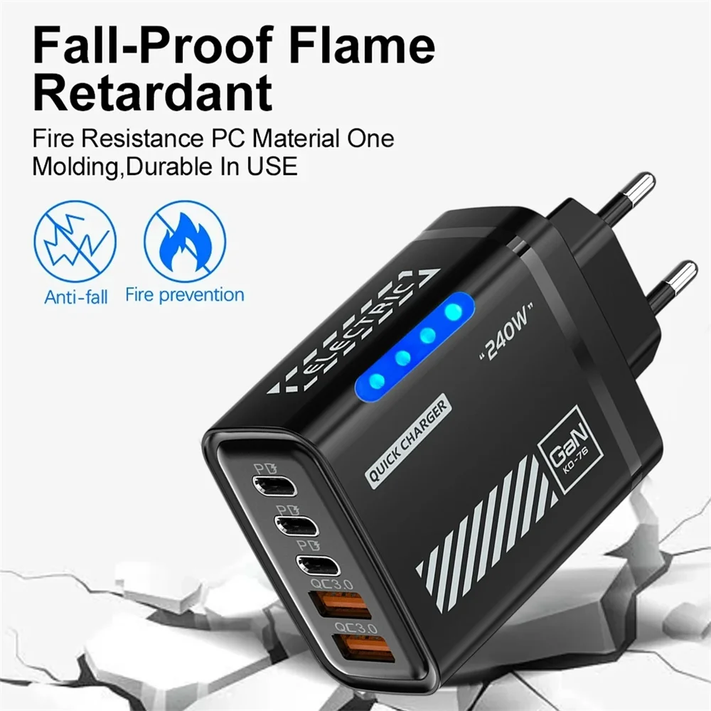 5 in 1 240W GaN Charger 3USB 2Type-C Fast Charging US/EU Plug With LED Light Desktop Power Adapter For Samsung Iphone 17 Xiaomi