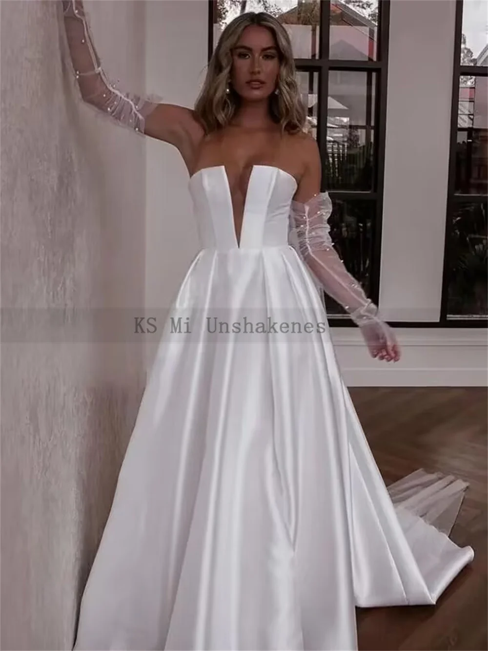 Robe de Mariée Sexy en Satin avec Col en V et Fente sur le Côté, Vêtement Personnalisé, Bon Marché, Ligne A Plissée, 2025