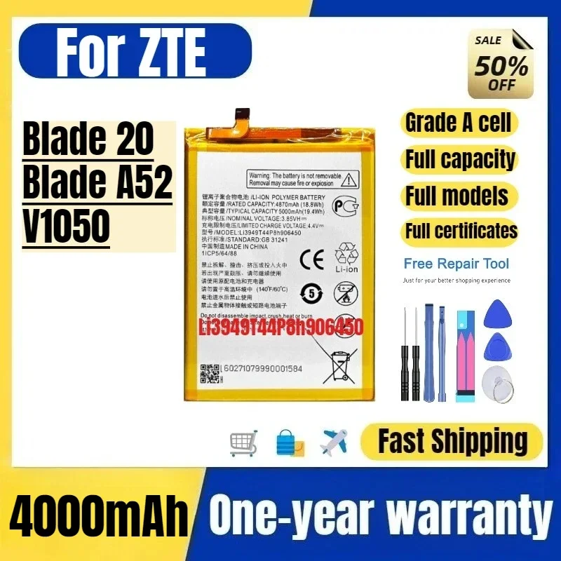 Li3949T44P8h906450 for ZTE Blade 20/Blade A52/V1050 Mobile Phone Battery High Quality Replacement Bateria Grade A Cell with Tool