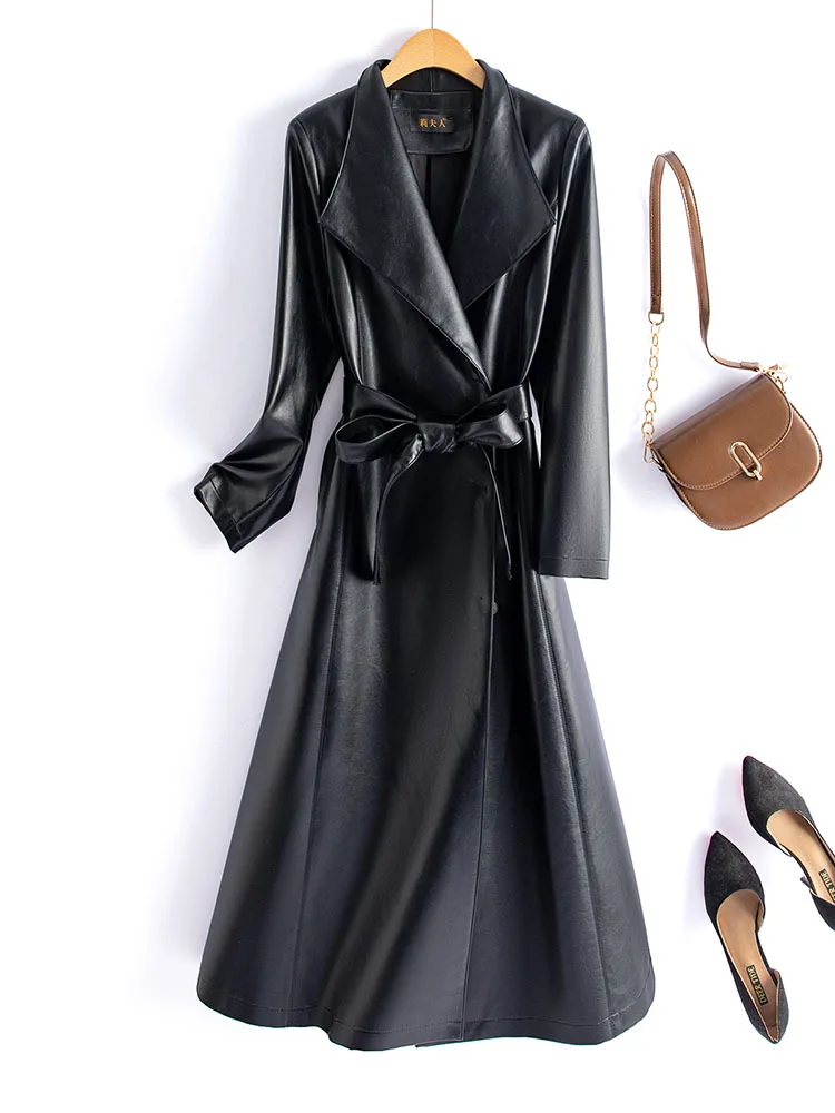 Plus Size M-5XL PU Leather Long Trench Coat For Women Autumn Winter Turn Down Collar Sheepskin Jacket With Belt  가죽자켓