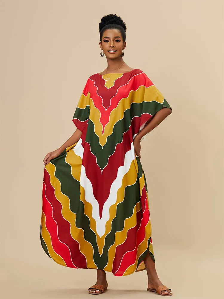 Moroccan Kaftan Boho Rainbow Print Sexy Batwing Sleeve Long Dresses 2024 Summer Women Clothing Beachwear Casual Maxi Dress Q1435