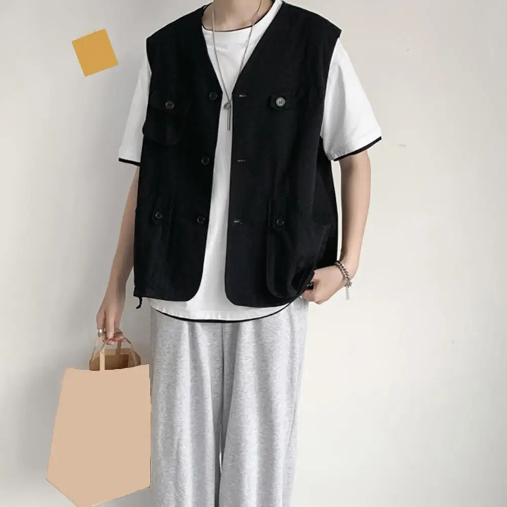 

Anti-shrink Vest Men's Collarless Sleeveless Cargo Waistcoat with Multi Pockets Buttons Closure Solid Color Outdoor for Thin