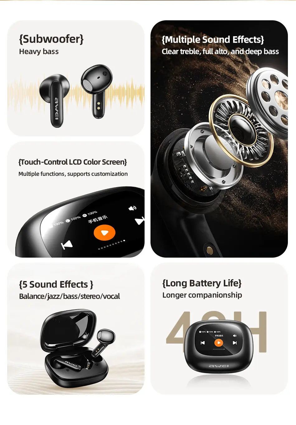 Awei TP97 ENC شاشة ملونة كبيرة سماعة بلوتوث ANC بلوتوث 5.4 سماعة أذن مع ميكروفون سماعة أذن لاسلكية