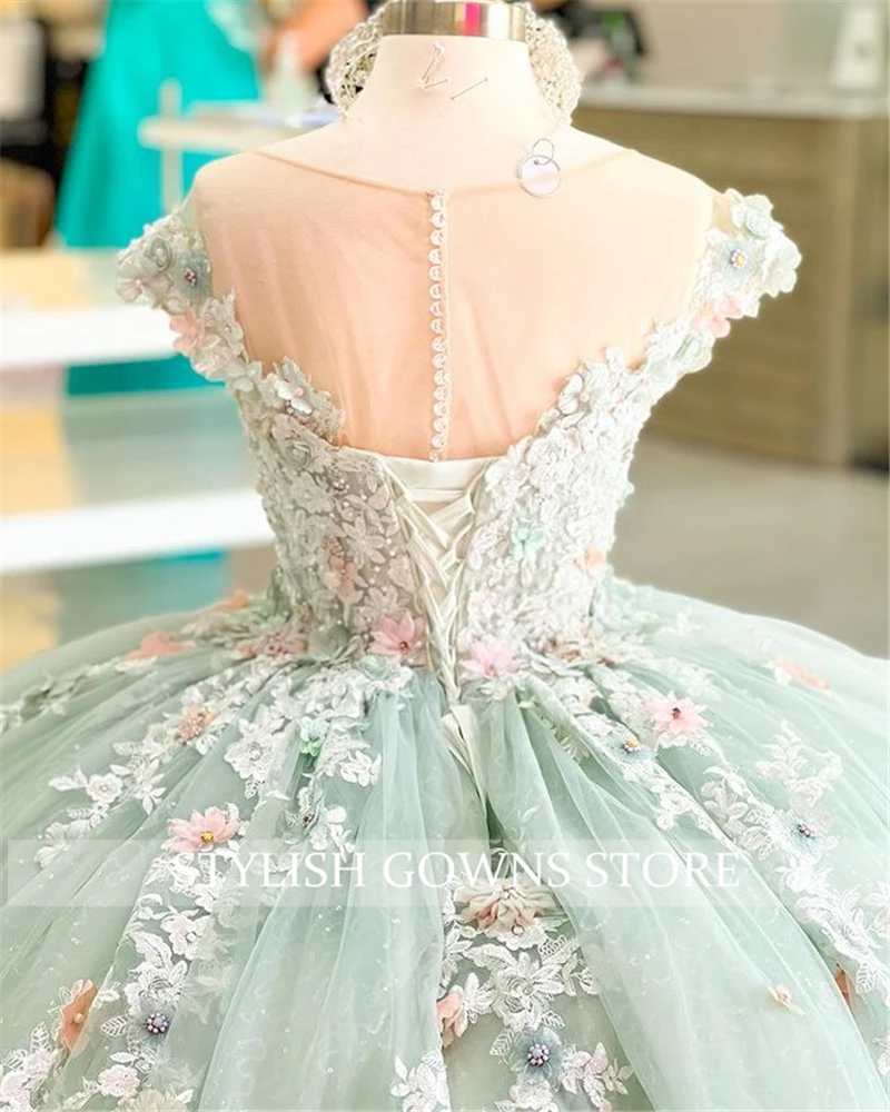 Ánh Sáng Xanh Người Yêu Bóng Đồ Bầu Quinceanera ĐẦM ĐÍNH HẠT Appliques Sinh Nhật Váy Xòe Áo Đầm Vestido De 15 Anos Ngọt Ngào