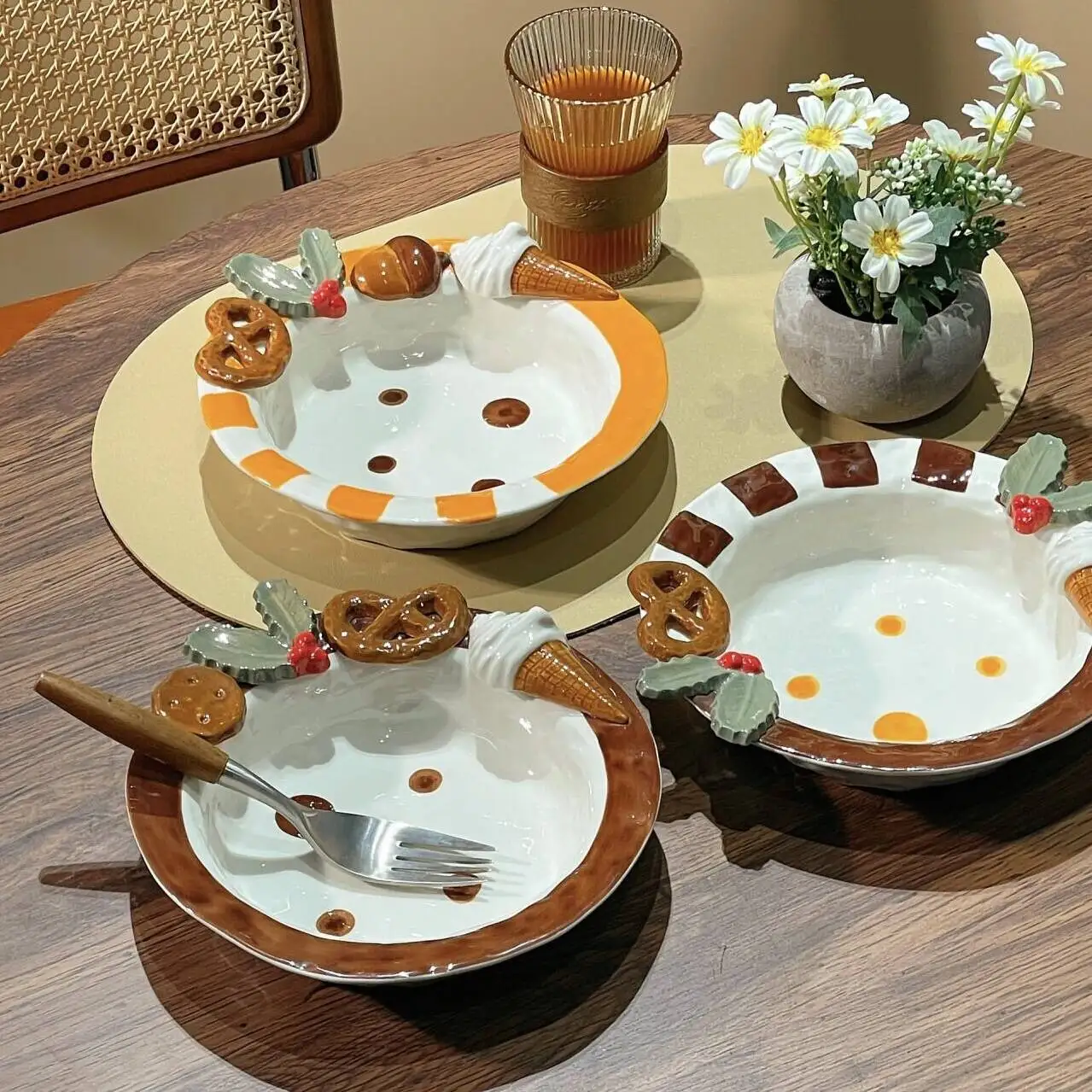 Bonitos galletas, plato redondo de cerámica en relieve, cuencos de Yogurt profundos de Color contrastante, vajilla de ensalada cocida que combina con todo, platos de postre de 500ML