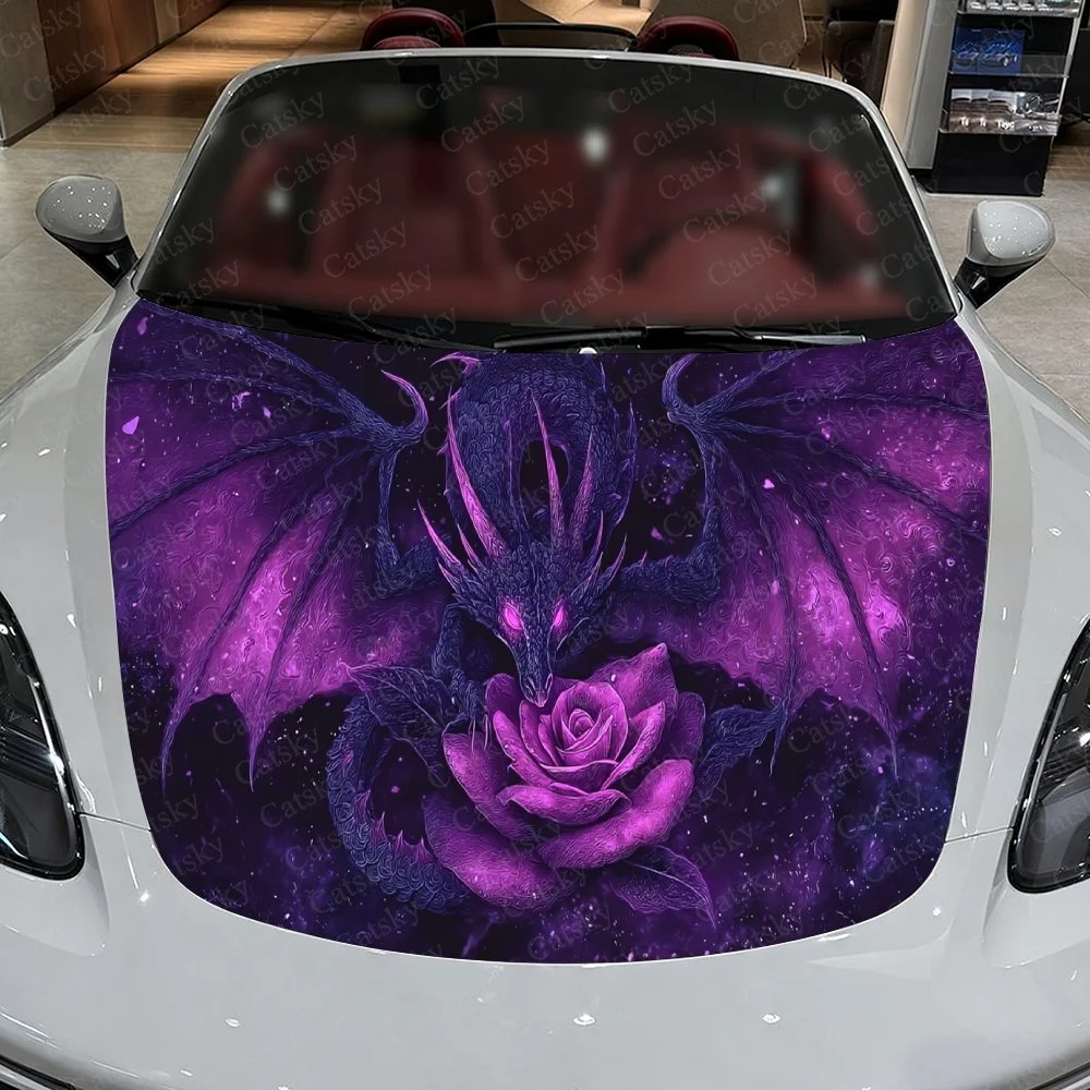 

Purple dragon cradles a rose against cosmic backdrop, bold fantasy art for car hood.Car Vinyl Wrap, PVC Material Waterproof Car