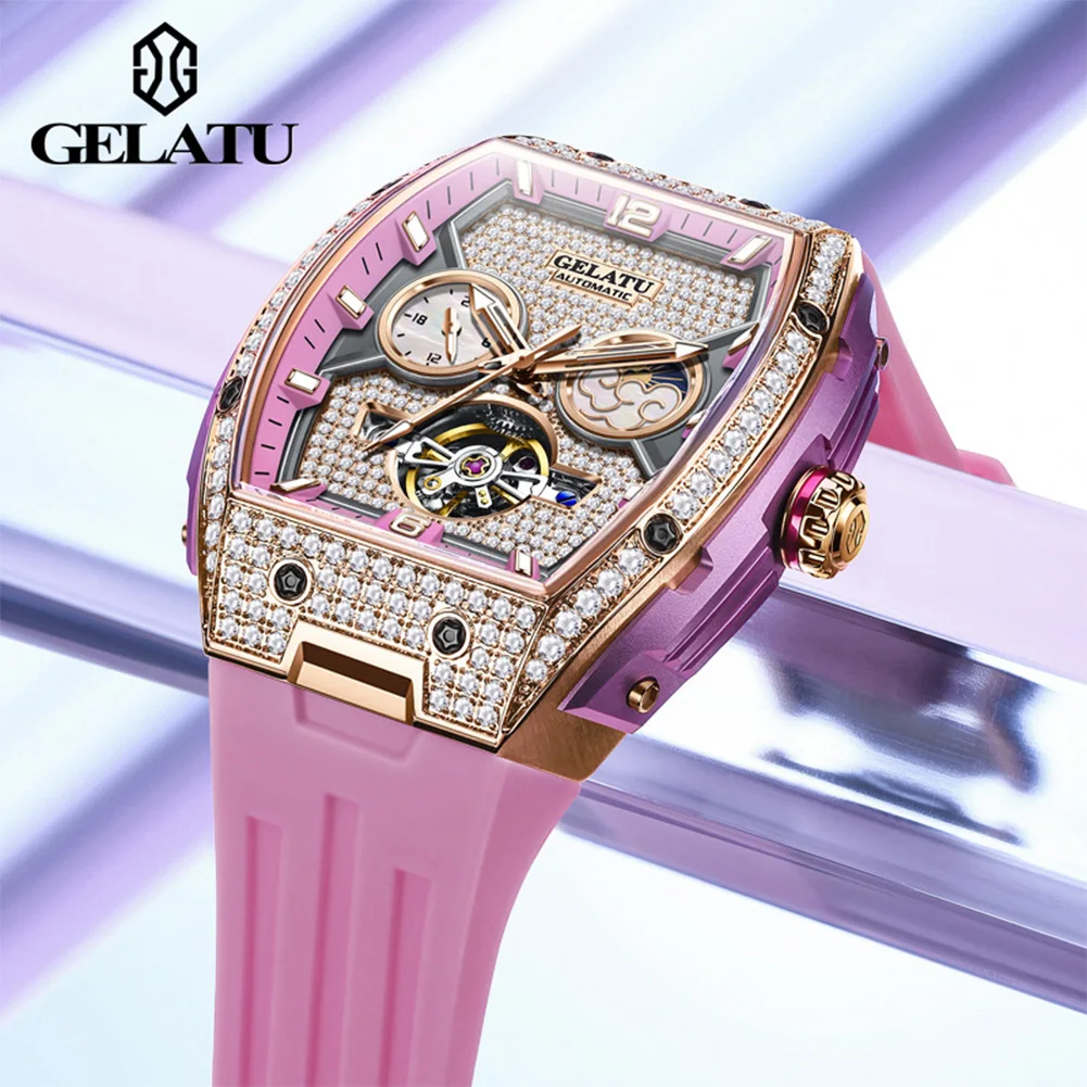 GELATU Luxury Automatic Mechanical Women's Watch High Quality Waterproof Luminous Diamond Dial Elegant Tourbillon Women Watch