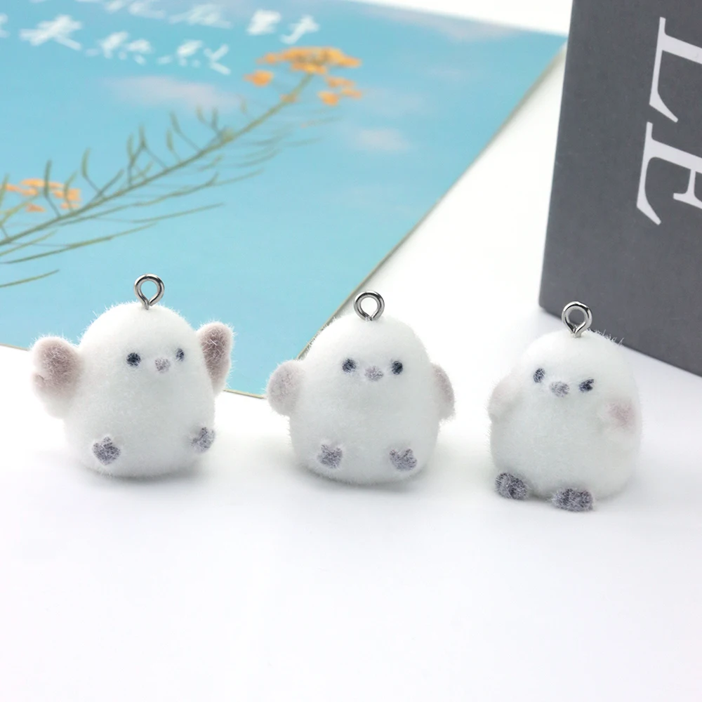 18pcs 3D Flocking Resin Birdie Charms Animal Plush Dolls Pendant Accessories for Keychain Earrings Making DIY Jewelry Adornment