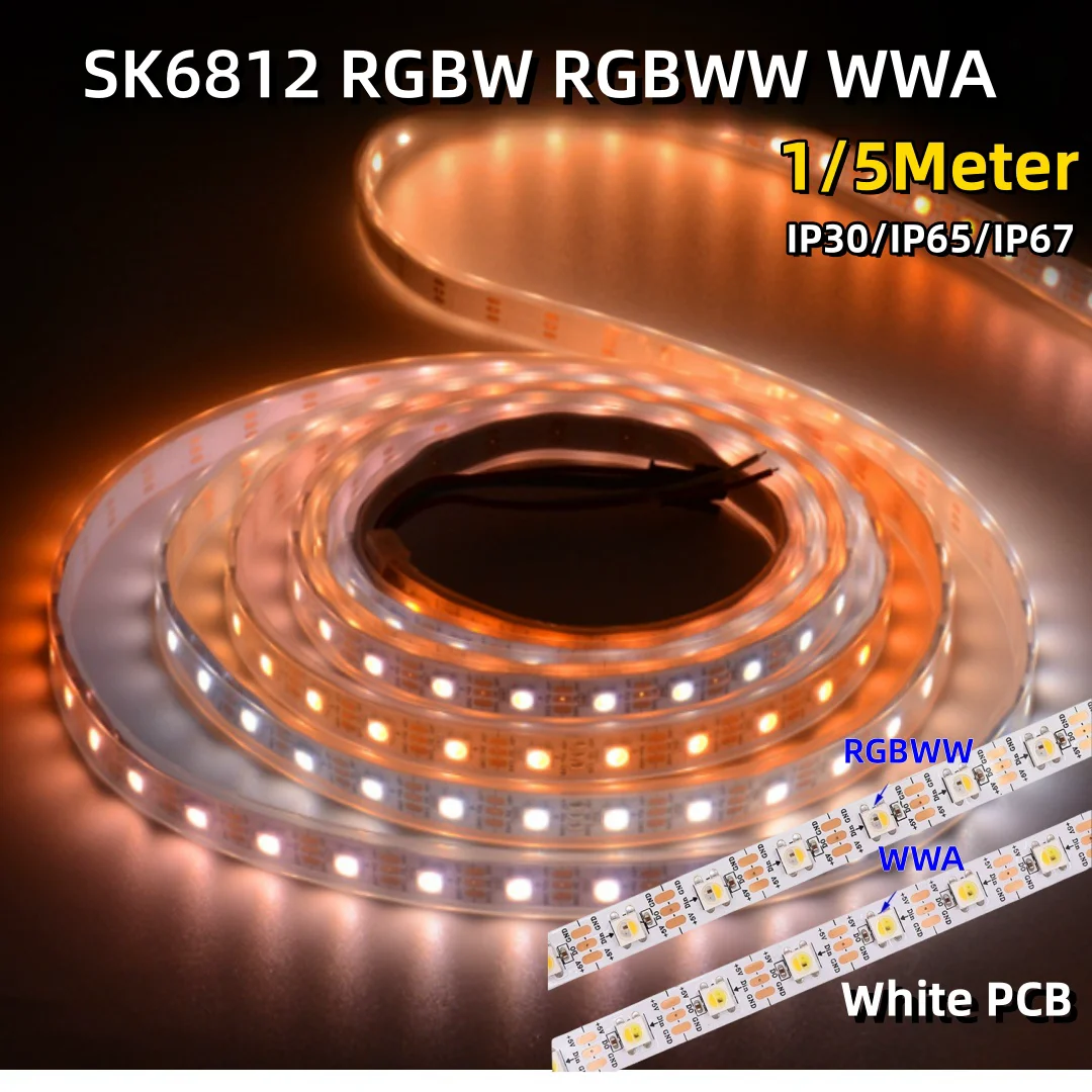 Imagem -03 - Tira de Luz de Pixel Endereçável Individual Pixel Branco m 5m em 5v Sk6812 Rgbw Rgbww Wwa 30 60 144led Ip30 Ip67