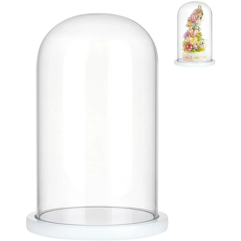 Glass Display Cloche Dome Decorative Glass Dome Cover Clear Bell Jar Display Case with White Wood Base