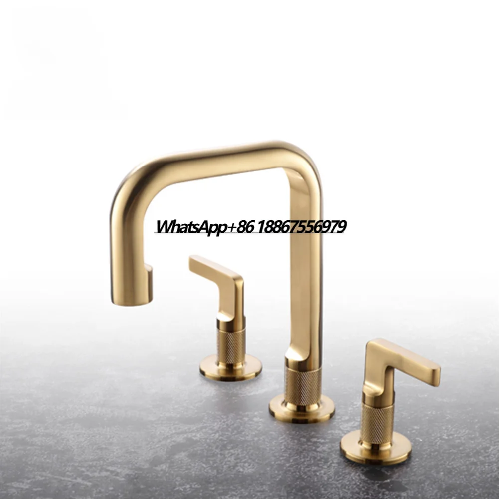 

Modern Gold Deck Mounted Faucet for Bathroom Sink Dual Handle Single 3-Hole Basin Faucet Set with Ceramic Valve Core