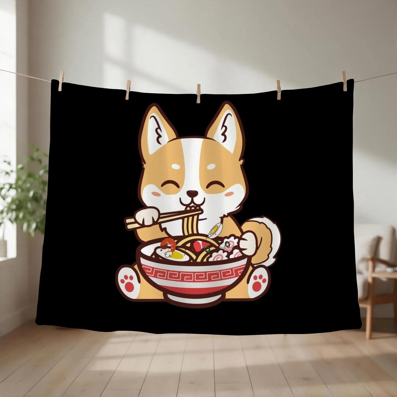 Kawaii Corgi Eating Ramen a Kawaii Corgi Eating Noodles Throw Blanket Beach Comforter Flannel Fabric Sofa Blankets