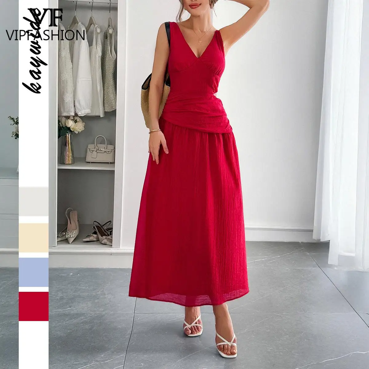 

VIP FASHION Women Red Maxi Dress V Neck Sleeveless Cut-out Waist Ruched Dress Summer Vacation Party White Elegant Dresses