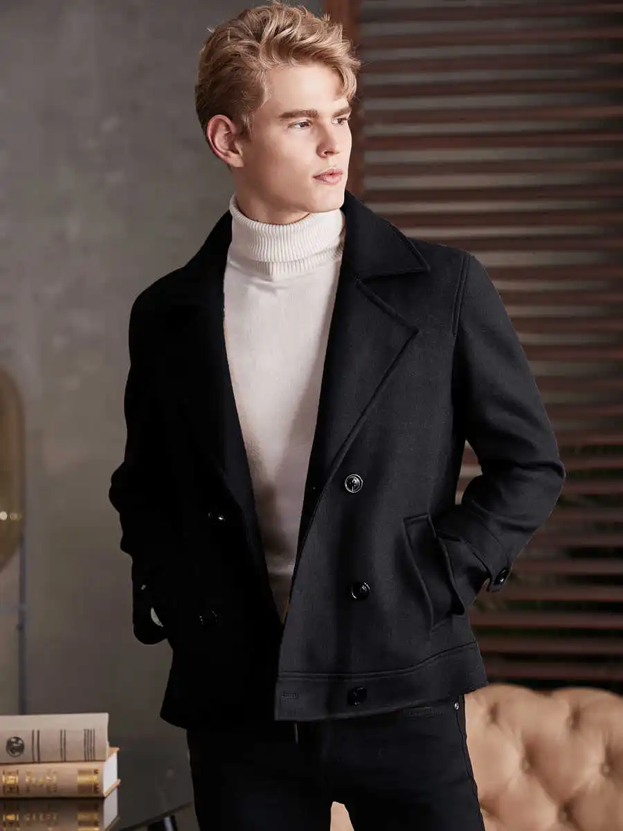 Men's Double Breasted Wool Blazer Spring & Autumn Stylish Short Woollen Coat Europe Loose Camel Black Gray Color Jacket in039