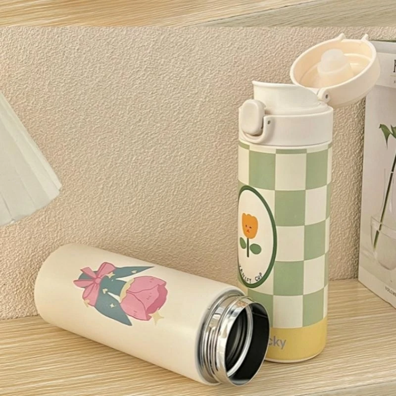 420ml Cute Cartoon Flower Tulip Thermos Cup with Buckle and Straw Milk Tea Coffee Mug Leak-Proof Thermos Cup Travel Water Bottle