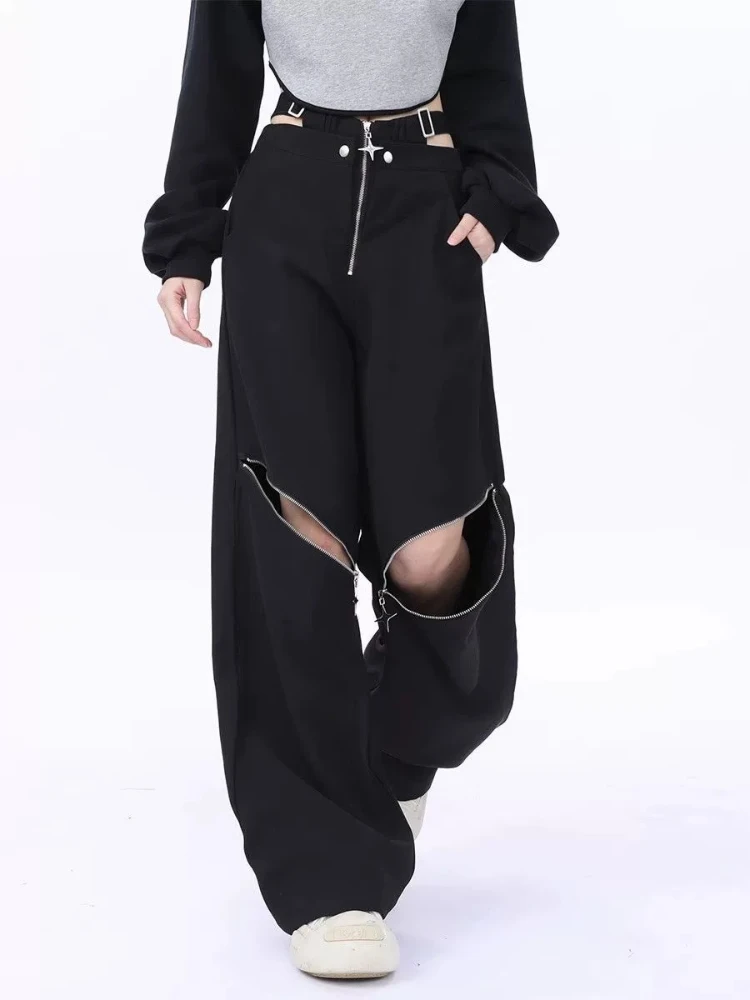 Deeptown Black Trousers Womens Gothic Y2k Casual Retro Cargo Pants High Waisted Streetwear Fashion Aesthetics Wide Leg Pants