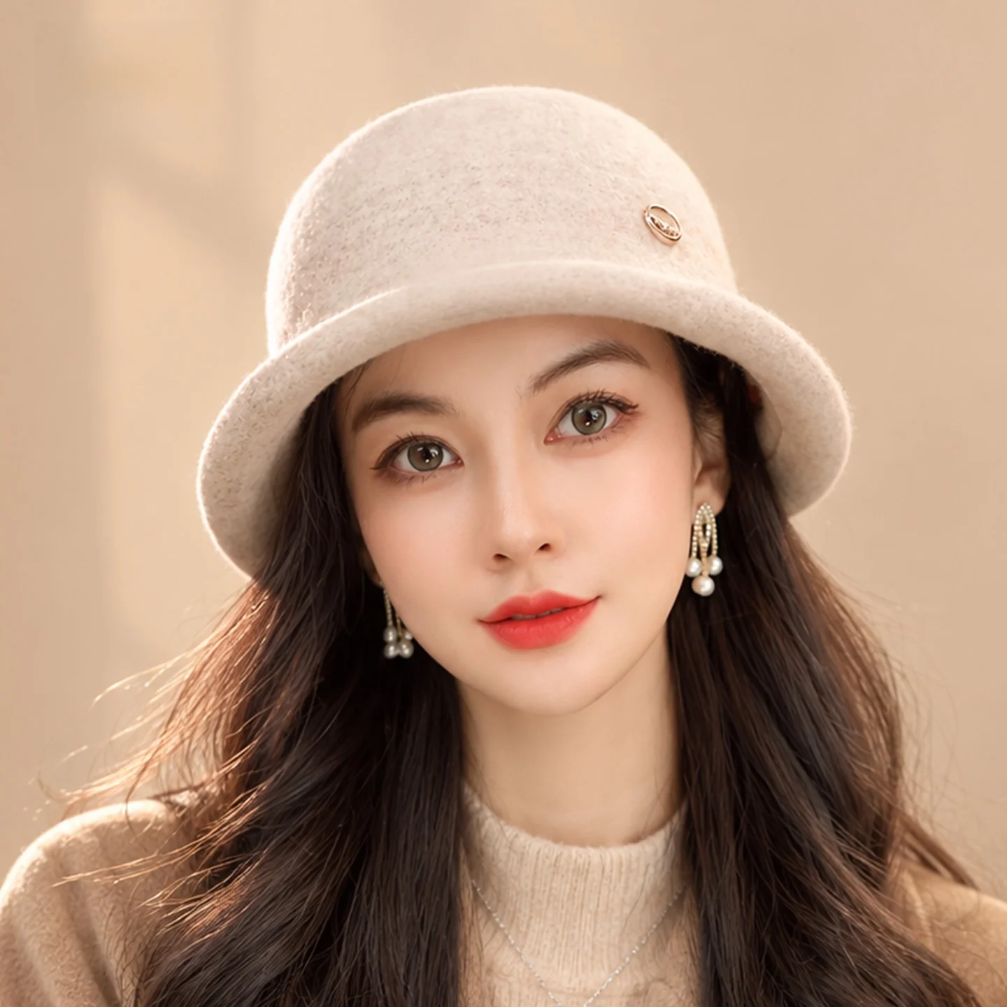 elegant-woolen-knitted-fisherman-hat-women's-autumn-winter-foldable-short-brim-round-top-soft-cashmere-fashionable-face-slimming