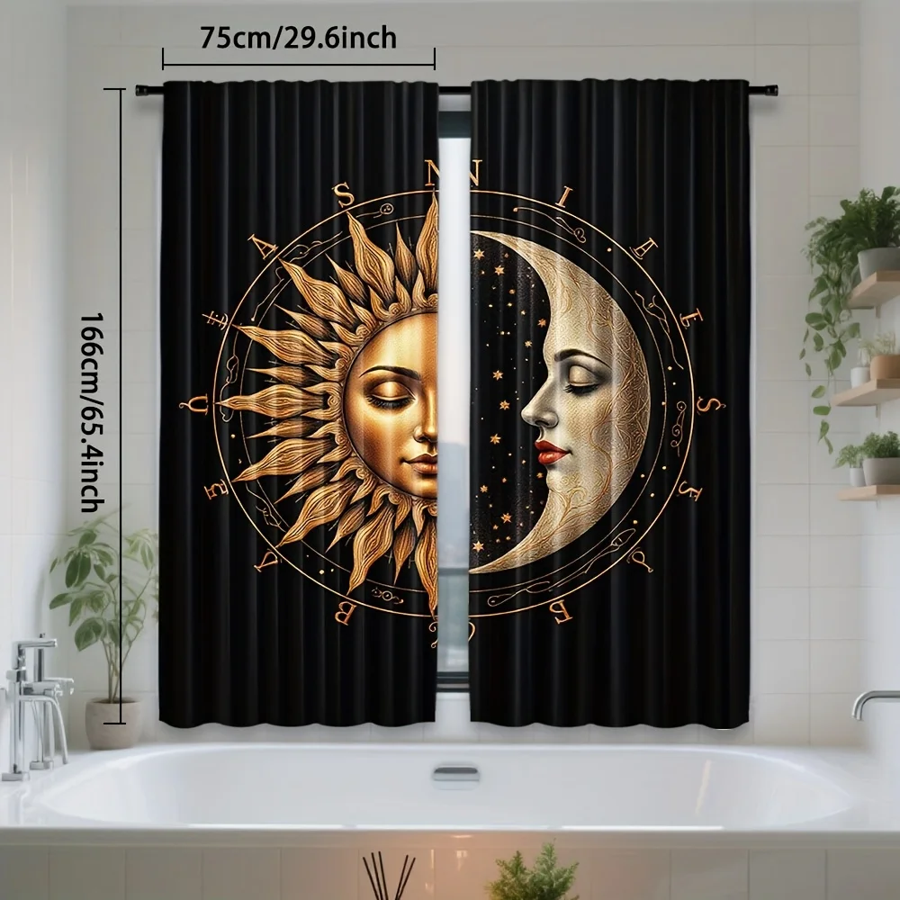 Mystical Boho Curtain Panels,Artistic Sun Moon Portrait Zodiac Symbol Star Occult Art Pattern Print Drapes for Theme Room Living