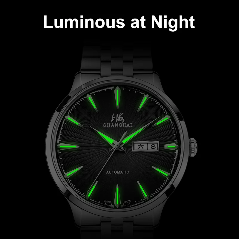 شنغهاي ساعة رجالية ساعة ميكانيكية أوتوماتيكية ماركة فاخرة موضة الياقوت حزام معدني تقويم مزدوج ساعة مقاومة للماء 3085