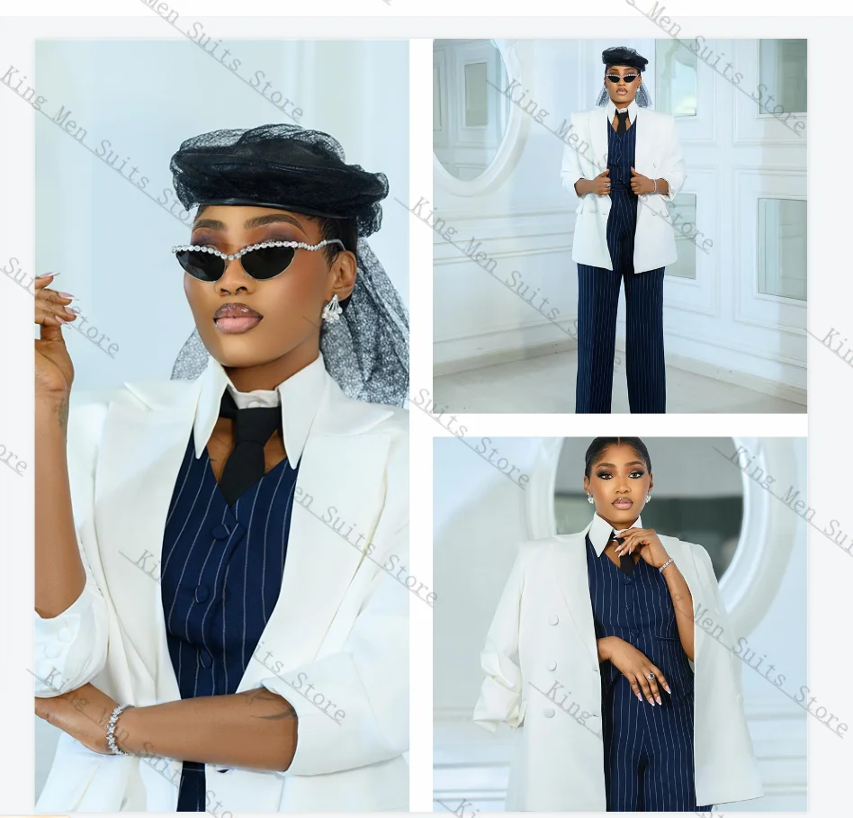 

Pinstripe Blue Women Suit Pants Set 3 Pieces Vest+Trousers+White Blazer Customized Autumn Fall Formal Wedding Tuxedos Party Coat