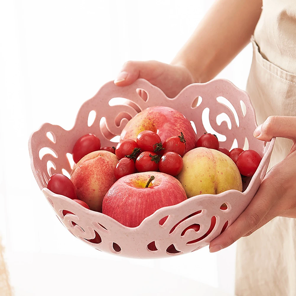 

European Style Fruit Bowl Plastic Storage Boxes Hollow Basket Kitchen Living Room Pink Small Baskets Shelves Creative Decoration