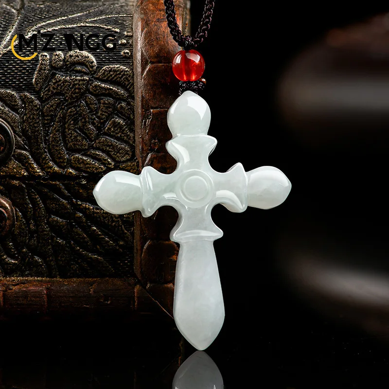 Natural A Goods Jadeite Light Green Cross Pendant Hand-carved Men and Women Exquisite Fashion Jewelry Lucky Amulet