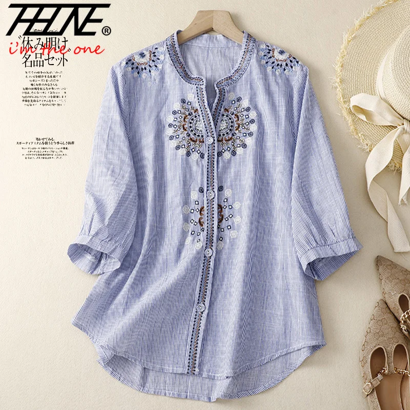 

THHONE Summer Fashion Woman Blouse 2025 Embroidery Striped Chinese Style Blusa Mujer Camisas Casual Vintage Loose Stand Collar